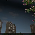 Pergola Surrounded by Tall Buildings Red Flowers and Green Shrubs Under Blue Sky