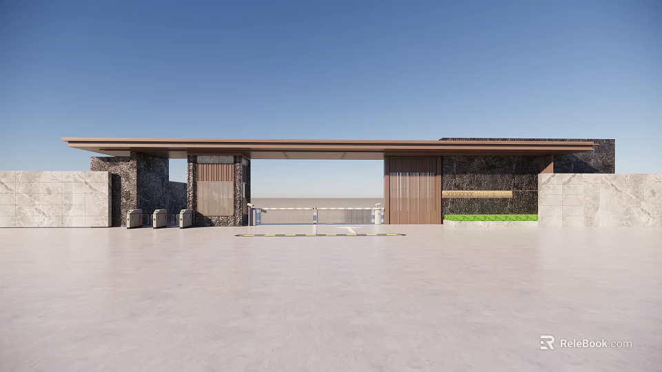 Modern Wooden Entrance Gate Design With Stone Wall Open Canopy And Smooth Ground 3d model 