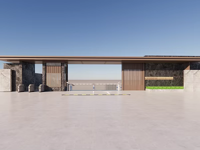 Modern Wooden Entrance Gate Design With Stone Wall Open Canopy And Smooth Ground 3d model