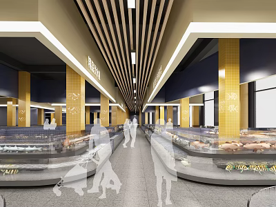 Modern Supermarket Interior Layout With Open Shelves Products Customers And Shopping Carts 3d model