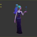 3D Game Movie Character With Teal High Ponytail Dark Blue Long Dress Holding Blue Flower