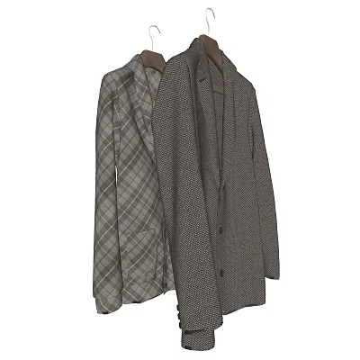 Plaid And Herringbone Jackets Hanging On Wooden Hangers For Fashionable Outfit 3d model
