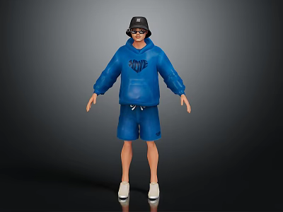 A Man Standing in Blue Hoodie Shorts with Black Cap and Sunglasses Against Dark Background 3d model