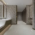 Modern Elegant Public Restroom With Marble Decor Double Mirrors Washbasins And Private Cubicles