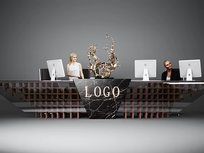 Elegant Modern Reception Desk With Marble Countertop Logo Display Computer Monitors And Golden Sculpture 3d model