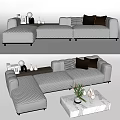 Modern Gray L Shaped Sofa with Cushions and Marble Coffee Table Set 3d model