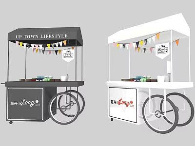 Black And White Mobile Food Carts With Canopy Colorful Bunting Flags And Displayed Goods 3d model