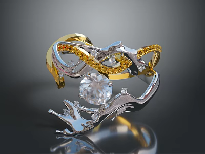 Stylish Gold And Silver Ring With Yellow Gemstones And Large Diamond Intricate Twisted Design 3d model