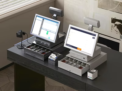 Commercial POS Equipment For Retail Checkout Counter With Terminals Cash Drawers And Scanner 3d model
