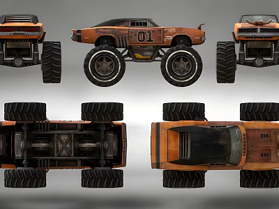 Orange Monster Truck With Large Tires 01 Logo And Multiple Angle Views 3d model