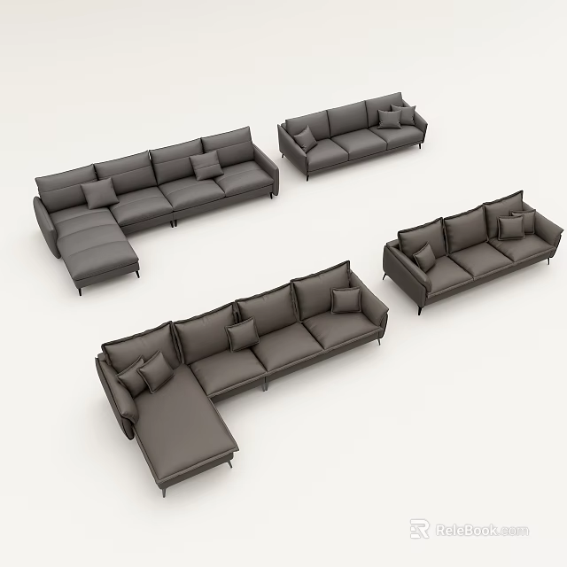 Modern Gray Sofa Set With L Shaped Three Seater And Two Seater Cushions 3d model