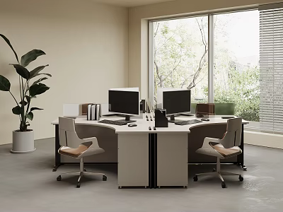 Office Desk With Two Monitors Two Chairs Large Potted Plant And Green Trees By Window 3d model