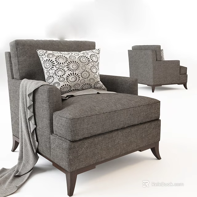 Gray Fabric Single Seater Sofa With Patterned Pillow And Blanket On Armrest 3d model