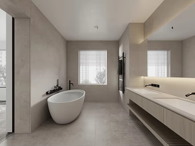Modern Minimalist Bathroom Interior With Free Standing Bathtub Wooden Vanity Large Mirror And Window 3d model