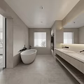 Modern Minimalist Bathroom Interior With Free Standing Bathtub Wooden Vanity Large Mirror And Window