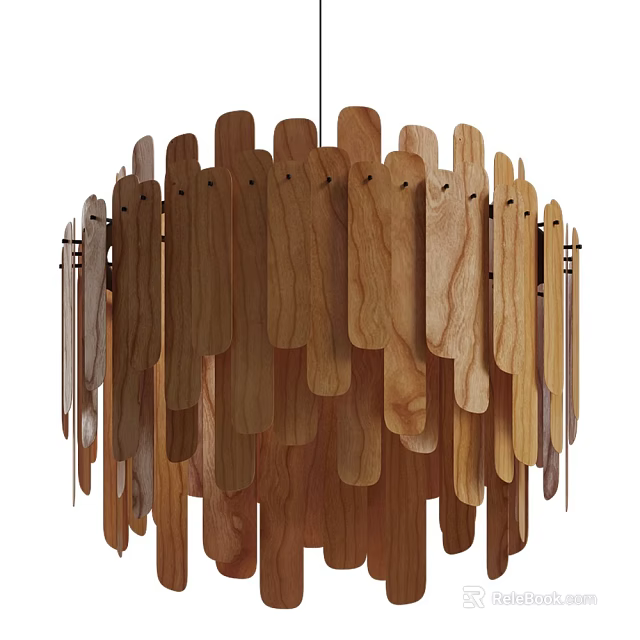Modern Wooden Chandelier Design With Hanging Slats And Natural Finish 3d model 