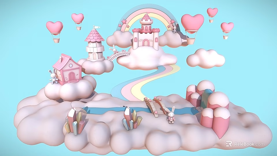 Cartoon Fantasy Scene With Rainbow Castle Floating Clouds Hot Air Balloons And Bunny 3d model 