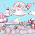 Cartoon Fantasy Scene With Rainbow Castle Floating Clouds Hot Air Balloons And Bunny