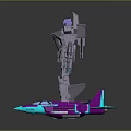 Giant Silver Mech Robot Standing Next To Purple Blue Toy Plane Model