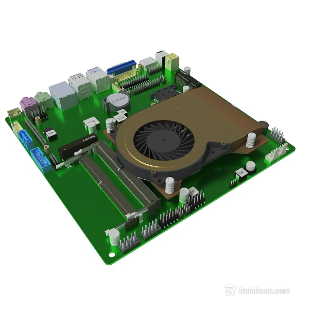 Detailed Green Electronic Circuit Board With Fan Chips Connectors And Capacitors 3d model 
