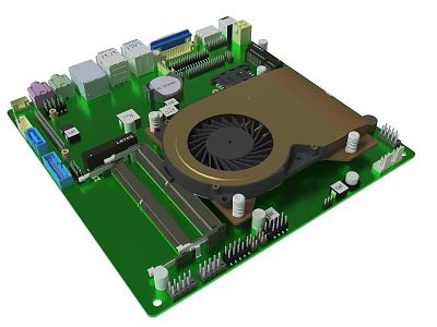 Detailed Green Electronic Circuit Board With Fan Chips Connectors And Capacitors 3d model