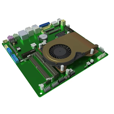 Detailed Green Electronic Circuit Board With Fan Chips Connectors And Capacitors 3d model
