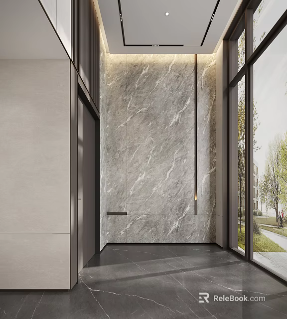Modern Elevator Lobby With Marble Wall And Large Windows 3d model