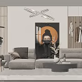 Modern Neutral Tones Living Room Sofa Coffee Table Set with Decorative Painting and Pendant Light