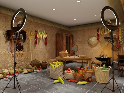 Rustic Farm Style Live Streaming Showcase With Various Fresh Agricultural Products And Professional Ring Lights 3d model