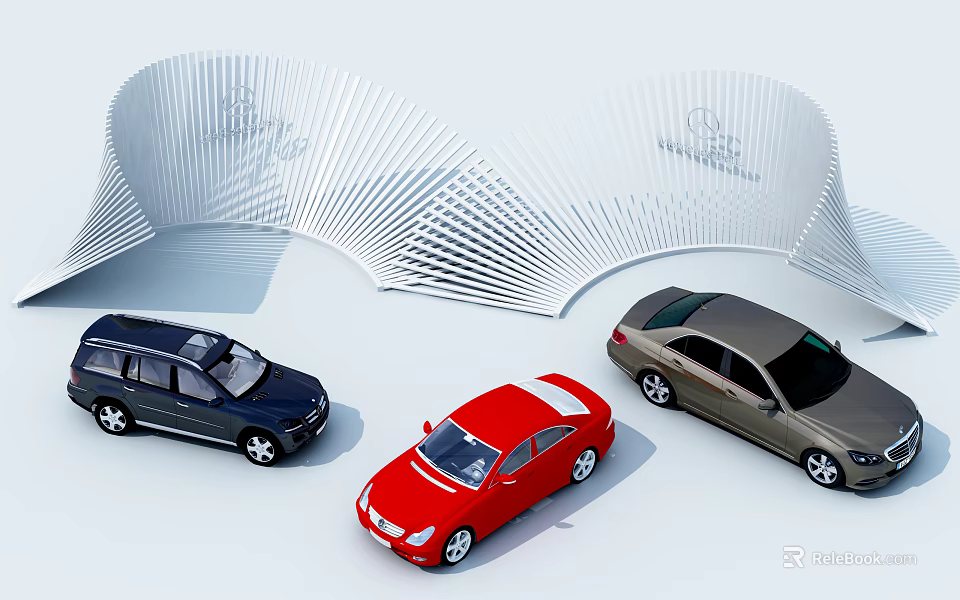 Three Cars Display Featuring Blue SUV Red Sedan And Brown Sedan With Modern White Architecture 3d model 