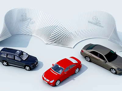 Three Cars Display Featuring Blue SUV Red Sedan And Brown Sedan With Modern White Architecture 3d model