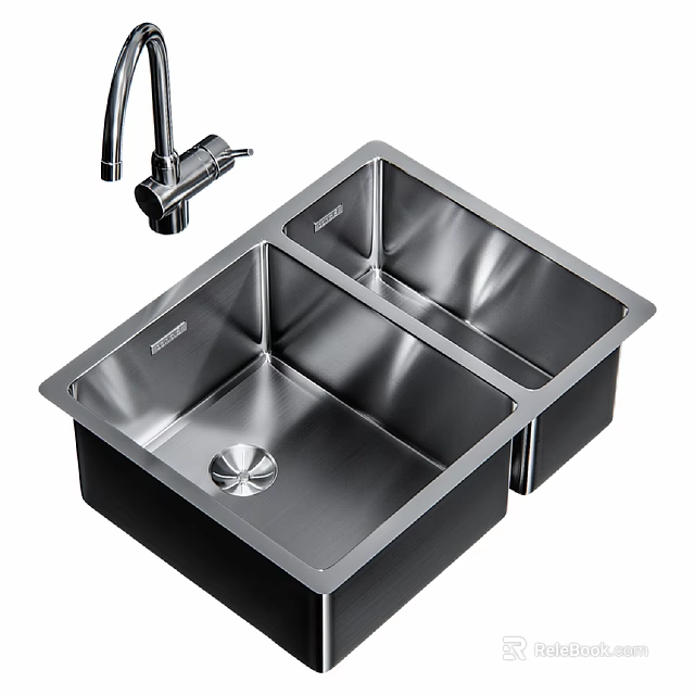 Stainless Steel Double Bowl Kitchen Sink with Modern Faucet for Home Kitchen Use 3d model 