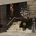 Modern Luxurious Interior With Marble Staircase Glass Railing Gold Handrail Wine Rack And Potted Plants