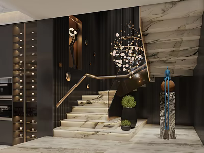 Modern Luxurious Interior With Marble Staircase Glass Railing Gold Handrail Wine Rack And Potted Plants 3d model