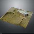 Detailed Brown Building Model Featuring White Roof And Grass Surroundings Yard Layout