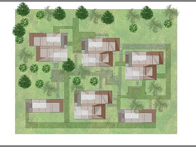 Multiple Container Buildings In Planned Community With Greenery And Pathways 3d model