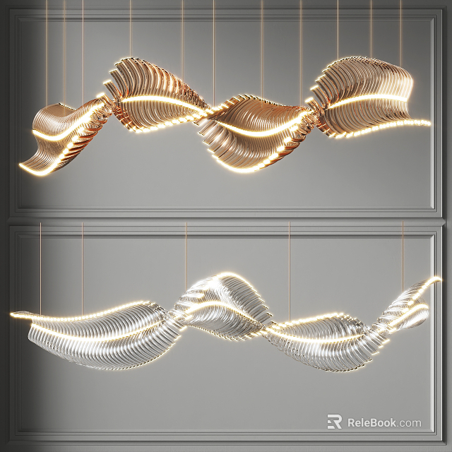 Modern Wave Shaped Gold And Silver Chandelier Illuminated Against Gray Wall 3d model 