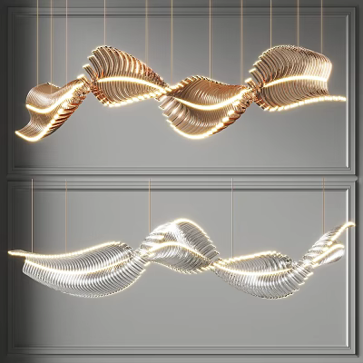 Modern Wave Shaped Gold And Silver Chandelier Illuminated Against Gray Wall 3d model