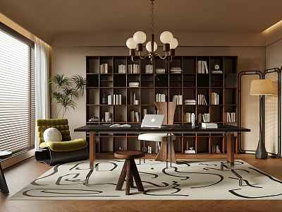 Modern Study Room Interior With Dark Bookshelves Wooden Desk Laptop Green Armchair And Patterned Rug 3d model