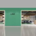Modern Retail Store Interior With Green Wall Logo Wooden Counter And Product Displays