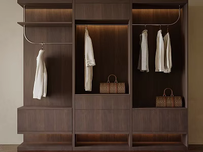 Dark Brown Wooden Wardrobe Interior With Hanging White Clothes Storage Compartments And Handbags 3d model