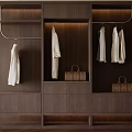Dark Brown Wooden Wardrobe Interior With Hanging White Clothes Storage Compartments And Handbags