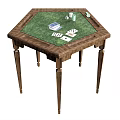 Hexagonal Game Table With Green Felt Surface Playing Cards Dice And Poker Chips Wooden Legs