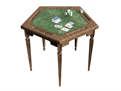 Hexagonal Game Table With Green Felt Surface Playing Cards Dice And Poker Chips Wooden Legs 3d model