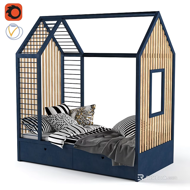 House Shaped Kids Bed with Blue Wooden Frame Roof Railings Storage Drawers and Cozy Pillows 3d model 