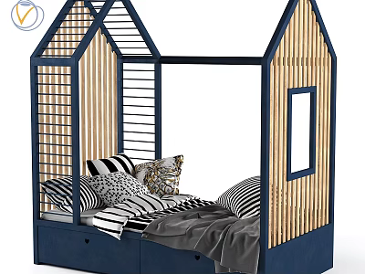 House Shaped Kids Bed with Blue Wooden Frame Roof Railings Storage Drawers and Cozy Pillows 3d model
