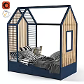 House Shaped Kids Bed with Blue Wooden Frame Roof Railings Storage Drawers and Cozy Pillows