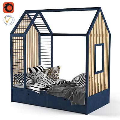House Shaped Kids Bed with Blue Wooden Frame Roof Railings Storage Drawers and Cozy Pillows 3d model