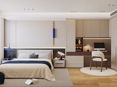 Modern Children's Room Interior With Bed Desk Computer Chair Lamp And Wooden Floor Rug 3d model