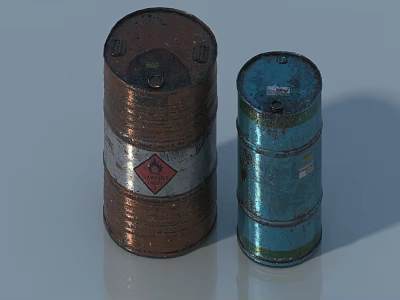 Rusty Metal Barrels With Hazardous Sign In Brown And Blue Industrial Storage Design 3d model